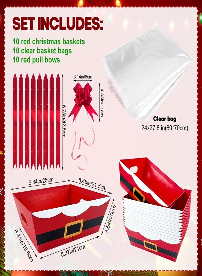 CODOHI 30 Pcs 10 Pack Christmas Baskets for Gifts Empty 8.5" x 10" with Xmas Pull Bows Clear Present Bags, Red Santa Claus Belt Empty Gift Baskets Kit To Fill for Winter Christmas Holiday Party Favors - Image 2